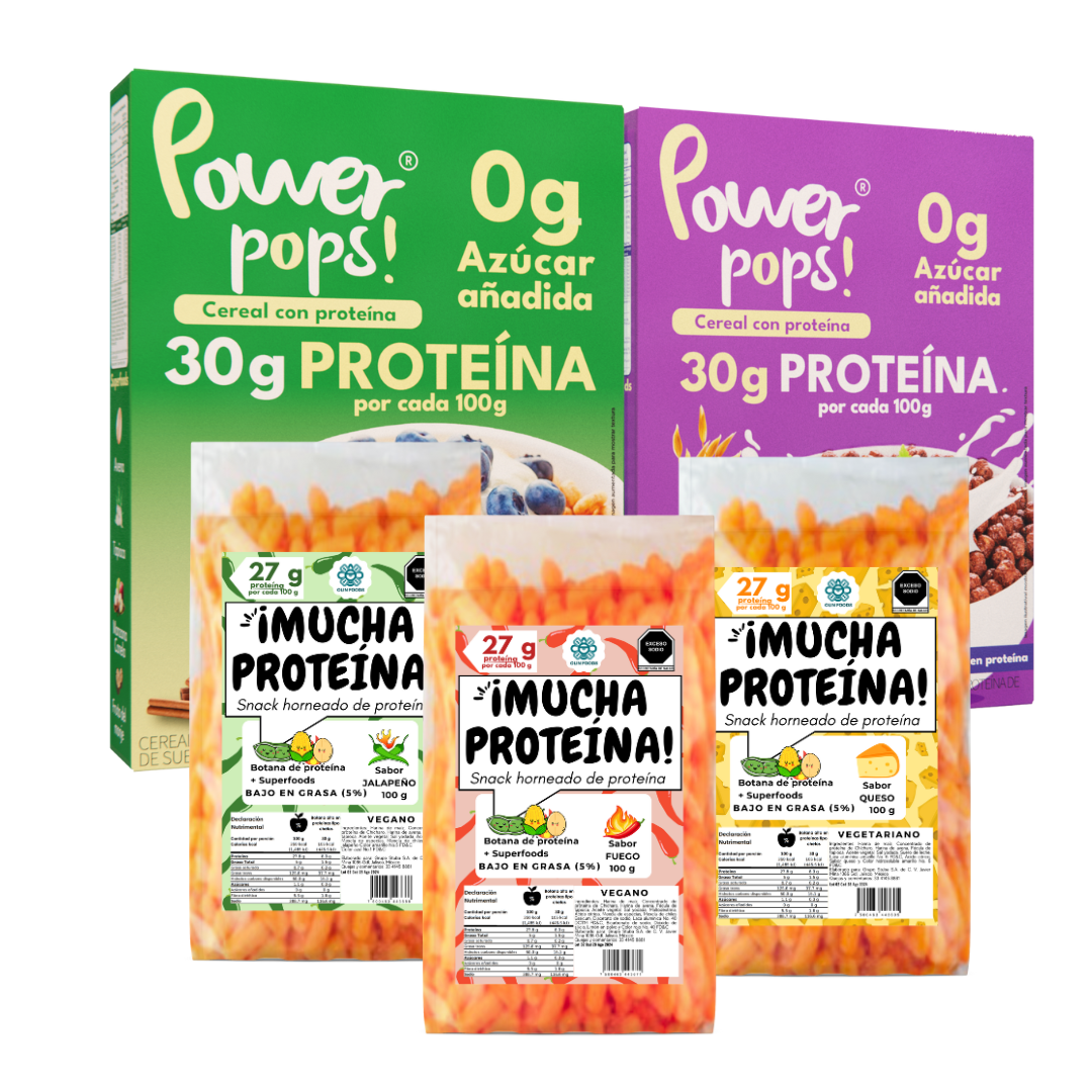 Starter Pack 10 Power pops! cereal + 18 botanas ¡Mucha proteína! + Envio Gratis + Cuchara tornasol