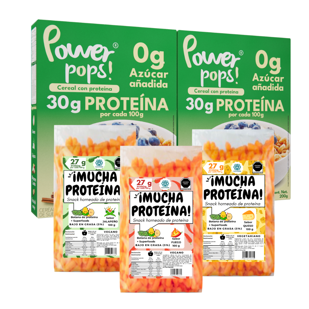 Starter Pack 10 Power pops! cereal + 18 botanas ¡Mucha proteína! + Envio Gratis + Cuchara tornasol